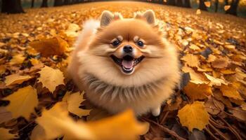linda pomeranio perro jugando en un pila de otoño hojas ai generado foto