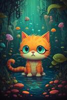 Whisker's Adventure in the Enchanted Realm A Digital Comic Painting of a Cute Cat in a Magical World with Contrasting Colors photo