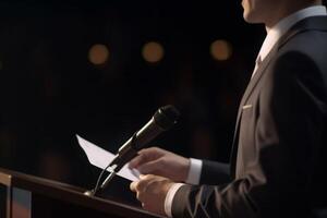 Keynote Speaker on Podium with Script and Microphone in Bright Spotlight at Business Conference photo