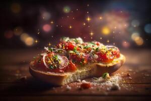 auténtico italiano Bruschetta en rústico un pan con Tomates y albahaca ai generado foto