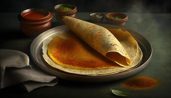 delicioso sur indio crepes dosas humeante en un oscuro antecedentes ai generado foto