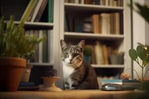 sofisticado felino un gato en un moderno Departamento rodeado por libros ai generado foto