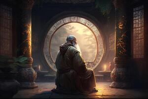 Contemplative Confucius in Enchanted Chinese Temple Surrounded by Mystic Light photo