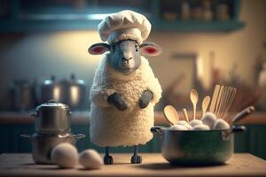 Little Sheep Chef Cooking up a Storm in the Kitchen with Utensils and a Wooden Spoon photo