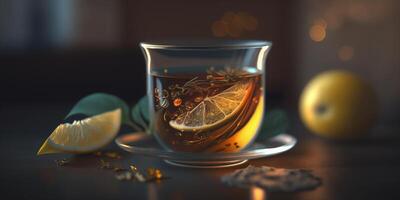 Tea with Lemon and Bokeh in Transparent Glass photo