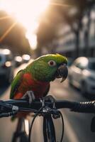 Colorful Parrot Perched on Bicycle Handlebar in Busy City photo