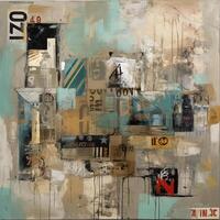 Urban Rhapsody A Dynamic Fusion of Grungy Patchwork and Eclectic Collage in Vibrant Turquoise and Sepia Tones photo