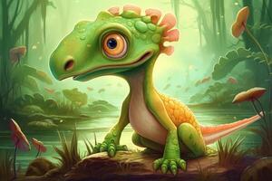 Vibrant and Hilarious Digital Comic Illustration Playful Compsognathus Dinosaur in Colorful Art photo