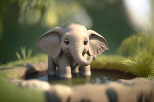 salpicar, chapoteo adorable pequeño elefante toma un inmersión en un estanque ai generado foto
