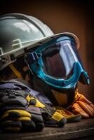 Protective Gear on Table Helmet, Goggles, and Gloves photo