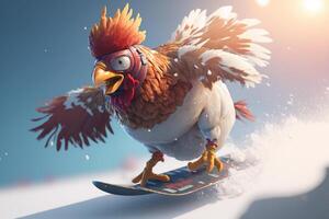 Crazy Chicken with Ski Goggles Shredding Down a Snowy Mountain on a Snowboard photo