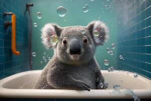 Koala in a bathtub with soap bubbles and foam content photo