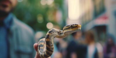 el urbano serpiente un joven hombre y su mascota serpiente vagante mediante el ciudad ai generado foto