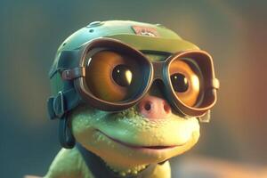 Fly high with the cool photorealistic cartoon chameleon pilot and his goggles photo