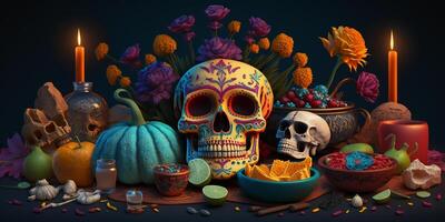 vibrante vistoso todavía vida de decorado calaveras con calabazas, velas y tradicional mexicano decoración celebrando día de el muerto - dia Delaware muertos ai generado foto