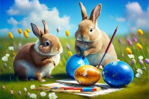 Adorable Little Easter Bunnies Sitting on a Green Meadow with Blue Sky, Painting Easter Eggs photo