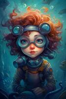 The Little Diver in an Enchanting Underwater World A Comic-Style Digital Painting in Bright Contrasting Colors photo