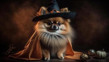 Cute Pomeranian dog dressed as a witch for Halloween photo