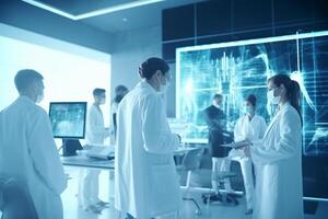 Medical team with surgical masks working in a high-tech laboratory photo