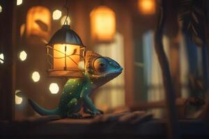 Charming Chameleon chilling near treehouse lantern photo