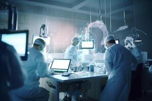 médico equipo con quirúrgico mascaras trabajando en un alta tecnología laboratorio ai generado foto