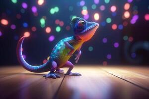 Funky Photorealistic Cartoon Chameleon Grooving with Colorful Lights in the Background photo