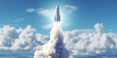 White Rocket Model Flying Through Cloudy Blue Skies as a Symbol of Startup Success and Innovation photo