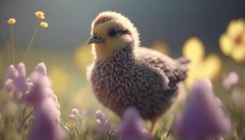 adorable joven polluelo en un primavera flor campo ai generado foto