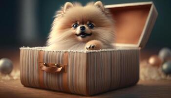 adorable pomeranio perro participación un regalo caja con curiosidad ai generado foto