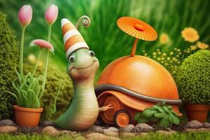 A funny enchanted imaginative snail like in a fairy tale photo