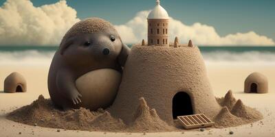 Adventurous Mole building a sandcastle on the beach during vacation by the sea photo