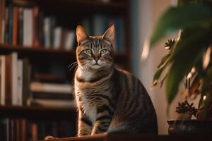 sofisticado felino un gato en un moderno Departamento rodeado por libros ai generado foto