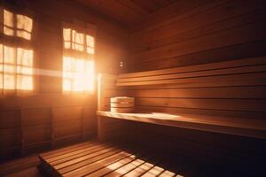 radiante sauna un sereno escapar con rayos de sol y calentar madera ai generado foto