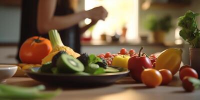 brillante cocina con de madera encimera, abundante frutas y verduras, y borroso cocinero en el antecedentes ai generado foto