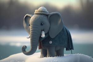 adorable pequeño elefante jugando en el nieve con sombrero, abrigo, y bufanda ai generado foto