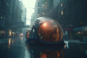 un hombre submarino con vaso cápsula emerge en futurista paisaje urbano, azul tonos ai generado foto