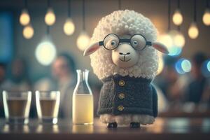 Cute and Hilarious Woolen Sheep Serving as a Bartender in a Bar photo