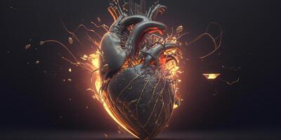 Heart in 3D animations with broken glowing elements Heart attack Emergency illustration photo