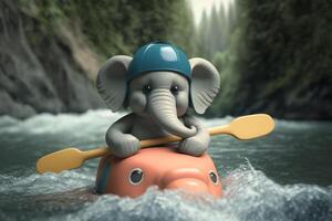 Little Funny Elephant Having Fun White Water Rafting in a Kayak photo