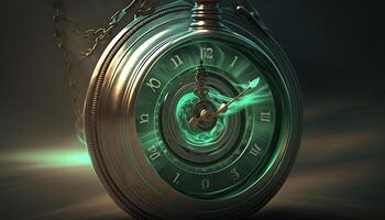 cronométrico portal místicamente brillante bolsillo reloj con cósmico remolinos ai generado foto