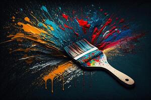 Paint brush full of colorful paint with big splash of paint photo