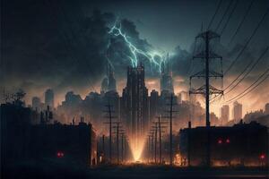 Apocalyptic Cityscape Skyline of a Metropolis with Lightning Strikes on Overhead Power Lines, Energy Blackout photo