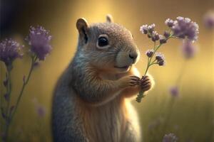 A squirrel is holding a flower in its hand photo