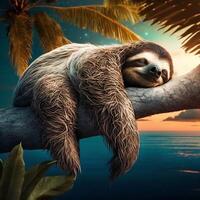 happy and tired sloth sleeps on a palm tree in summer photo