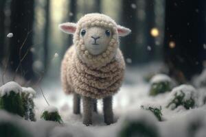 Joyful and Cute Sheep Having Fun in the Snow During a Frosty Winter photo
