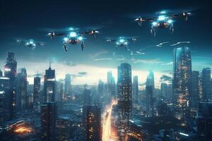 Skybound AI Drone Networks in a Future Metropolis photo