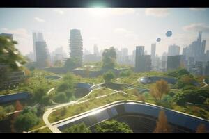 Green metropolis of the future High-tech city with lush vegetation and clear skies photo