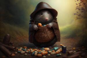 Illustration Funny mole in costume collects candy for Halloween content photo