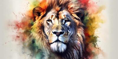 Vibrant Watercolor Portrait of a Majestic Lion photo