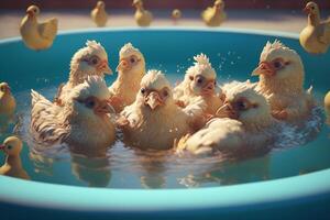 tonto pollos salpicaduras alrededor en un piscina de agua ai generado foto